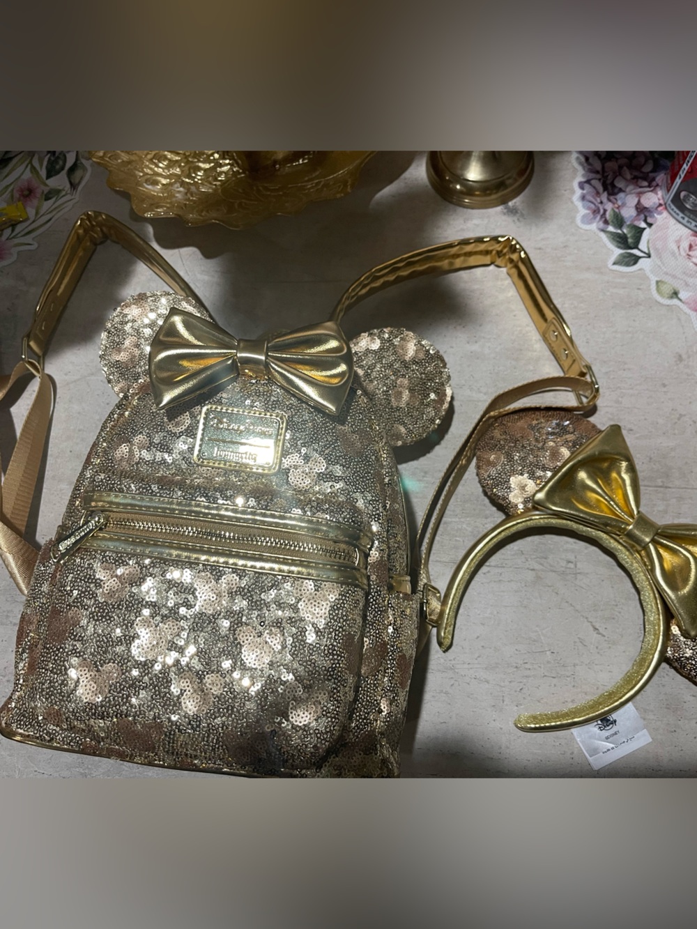 Loungefly Gold Sequin Minnie Ear Mini Backpack with Bow - Picture 1 of 4